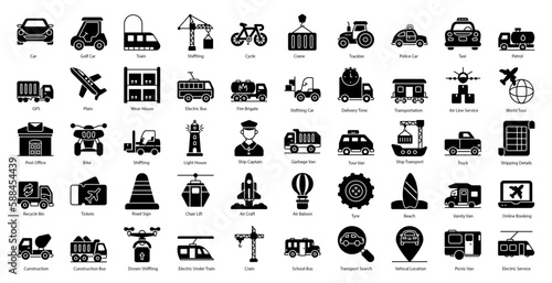 Transporation Glyph Icons Transport Car Train Iconset in Glyph Style 50 Vector Icons in Black