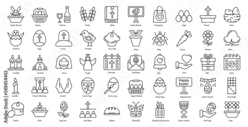 Easter Thin Line Icons Religion Festival Eggs Iconset in Outline Style 50 Vector Icons in Black