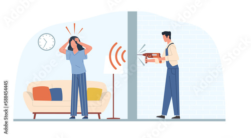 Woman suffers from unbearable noise due to repairs in apartment next door. Man drilling wall, noisy neighborhood. Home renovation, construction worker cartoon flat illustration. Vector concept