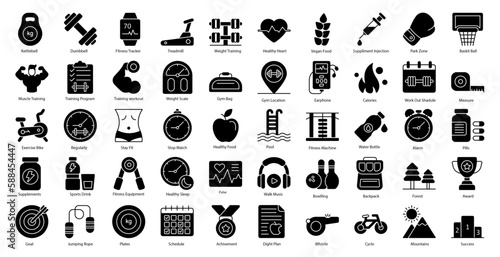 Fitness Glyph Icons Workout Healthy Weight Training Iconset in Glyph Style 50 Vector Icons in Black