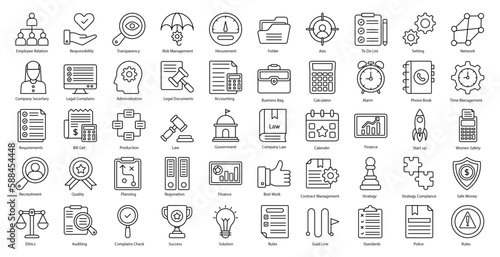 Organization Thin Line Icons Accounting Company Law Iconset in Outline Style 50 Vector Icons in Black