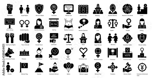 Feminism Glyph Icons Woman Gender Equality Iconset in Glyph Style 50 Vector Icons in Black