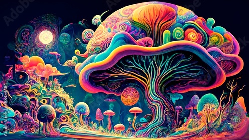 Trippy and psychedelic artwork with surreal landscape in Retro hippie style, Generative AI © Viktoriia Protsak