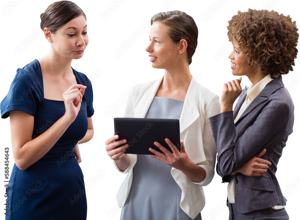 Businesswomen discussing over tablet while standing against white backgorund Businesswomen discussing over tablet while standing against white backgorund