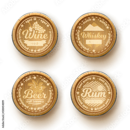 Wooden barrels tops emblems. Realistic oak round signs with alcoholic beverages inscriptions, different isolated oak bar decoration, wine and rum, beer and whiskey storage utter vector 3d set
