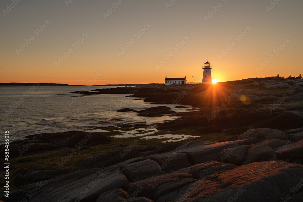 sunset at the beach lighthouse Generative AI