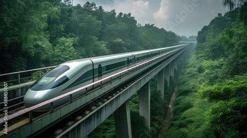 modern, hydrogen-powered train, speeding through a lush landscape, demonstrating the potential of hydrogen as a clean energy source for transportation (created with Generative AI)