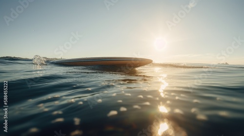 A Relaxing Day by the Water: A Surfboard Floating on Clear Ocean Waters with a Beautiful Scenery, AI-Generated