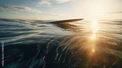 The Calming Beauty of the Ocean: A Surfboard Floating on Clear Ocean Waters with a Tranquil Scenery, AI-Generated