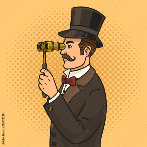 Old fashioned gentleman in top hat and with binoculars pinup pop art retro vector illustration. Comic book style imitation.