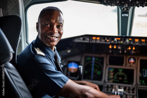 Black pilot sitting in cockpit of airplane. Generative AI.  photo