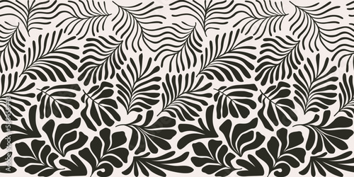 Black and white abstract background with tropical palm leaves in Matisse style. Vector seamless pattern with Scandinavian cut out elements.