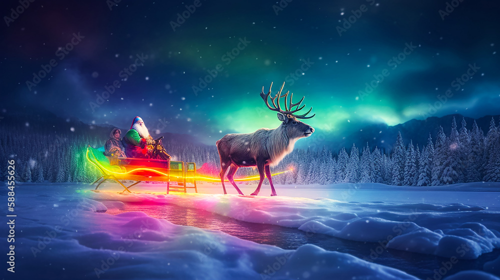 Christmas Santa Riding his Magical Sleigh with Reindeers across a Frozen lake landscape with Stunning Aurora Northern Lights above.