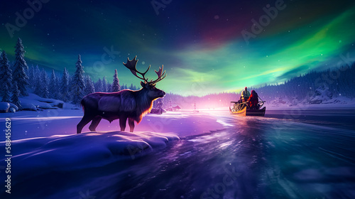 Magical Winter Frozen Lake with Aurora Northern Sky - Santa and His Reindeer in a Christmas Sleigh Ride along The Fantasy Landscape.