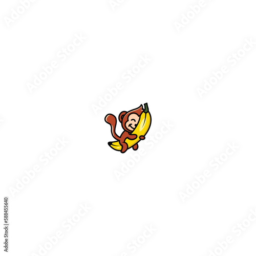Baby monkey launch with banana logo for symbol, vector, icon, mascot, chimp, cartoon, illustration, monkey, banana, launch, character, logo, design, riding, chimpanzee, vehicle, flight, happy, animal © karym