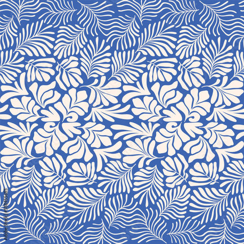 Blue white abstract background with tropical palm leaves in Matisse style. Vector seamless pattern with Scandinavian cut out elements.