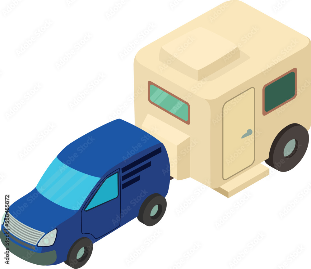 Camping tourism icon isometric vector. New blue car towing camping trailer icon. Outdoor recreation, leisure, hobby Camping tourism icon isometric vector. New blue car towing camping trailer icon. Outdoor recreation, leisure, hobby