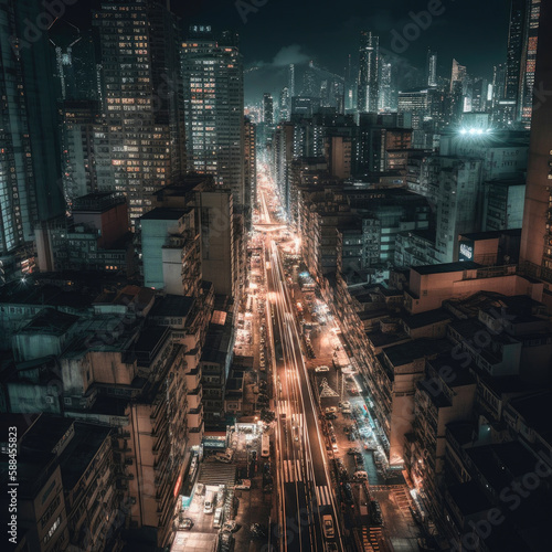 Night scene shimmering in urban area with skyscrapers demonstrating the urban economic development. Generative AI