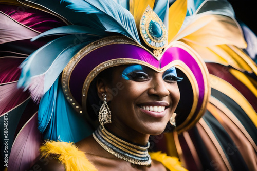An atmospheric photo of a dazzling hypnotic samba dancer at the Rio Carnival celebrations. Generative AI