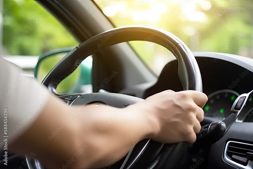 Close up hand holing or controlling steering wheel of car for driving, point of view inside car, on the highway road, with Generative Ai. Close up hand holing or controlling steering wheel of car for driving, point of view inside car, on the highway road, with Generative Ai.