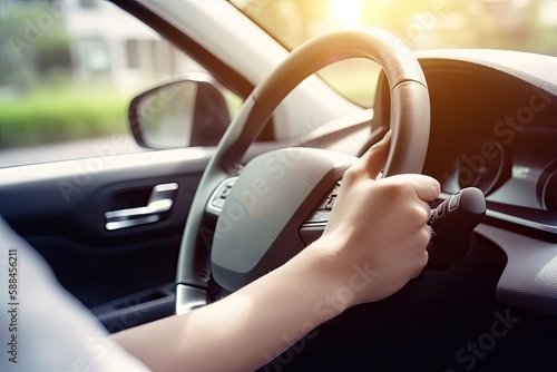 Close up hand holing or controlling steering wheel of car for driving, point of view inside car, on the highway road, with Generative Ai. © TANATPON