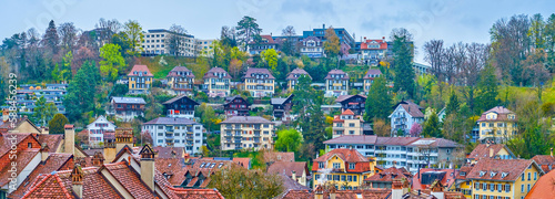 Panorama of residential houses on the hill of Aare river valley in historic Bern, Switzerland photo