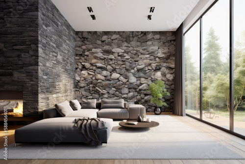 Wallpaper Mural Modern living room and rock wall with interior styles and Home decoration mock up, large windows with nature view for relaxation room, Modern design background with Generative AI. Torontodigital.ca