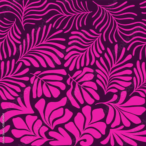 Purple pink abstract background with tropical palm leaves in Matisse style. Vector seamless pattern with Scandinavian cut out elements.