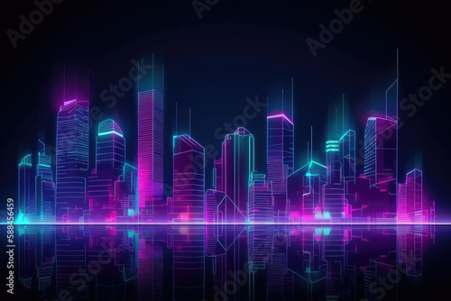 Neon mega city capital towers with futuristic technology background  future modern building virtual reality  night life style concept  digital design  digital technology scene with Generative Ai.