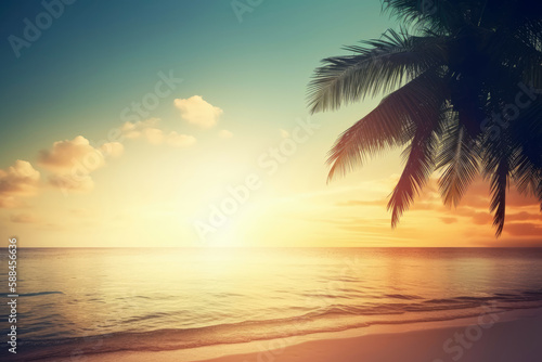 Summer vacation, tropical beach with blue sky and sea for relaxation, panoramic beach background, summer holiday with beautiful nature sand, sunlight, ocean water with Generative AI.