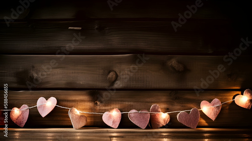 Valentine's Day Wood Texture with String Lights and Paper Hearts - Copy Space Background
