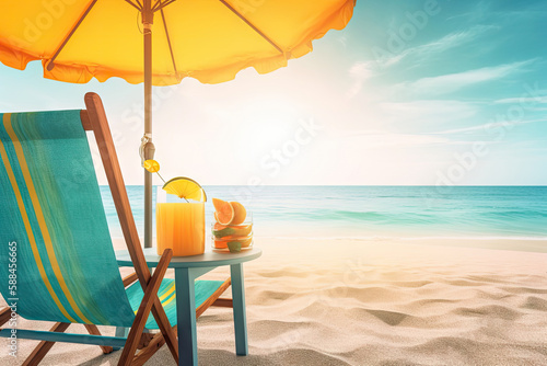 Summer vacation, tropical beach with blue sky and sea for relaxation, panoramic beach background, summer holiday with beautiful nature sand, sunlight, ocean water with Generative AI. photo