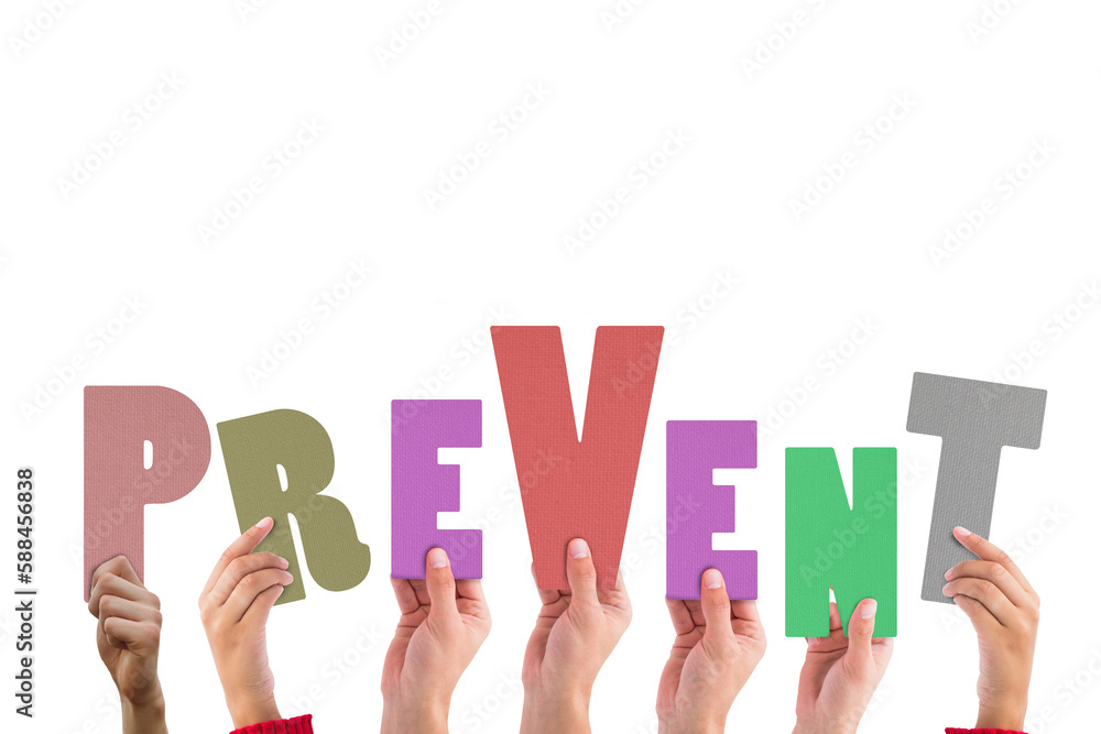 Colorful alphabet spelling prevent held up by people 