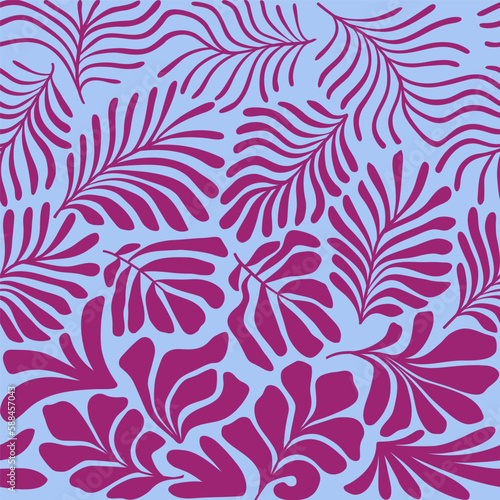 Purple blue abstract background with tropical palm leaves in Matisse style. Vector seamless pattern with Scandinavian cut out elements.