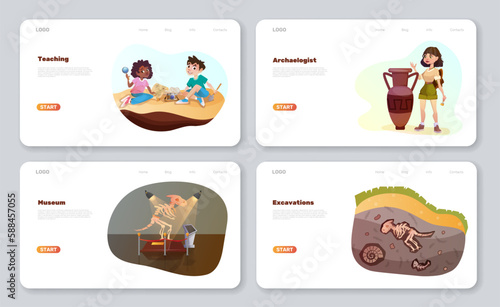 Paleontology archeology science cartoon web banners with prehistoric dinosaur skeleton in ground and museum of history. Archaeologist woman and kids exploring artifacts and ancient fossil landing page