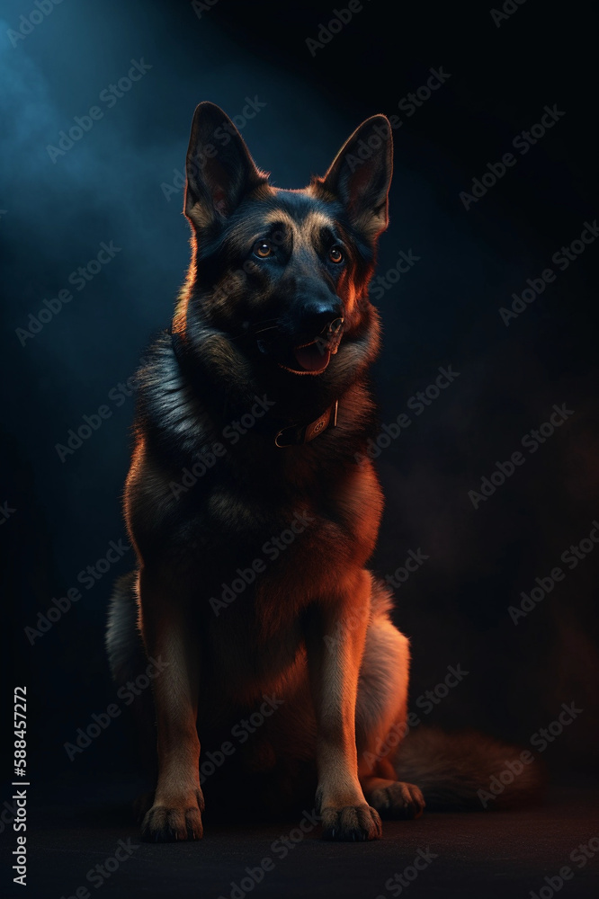 German shepard police dog in Sitting position. High Details. Realism. Dark Background. Creative AI Wallpaper. Created by generative AI