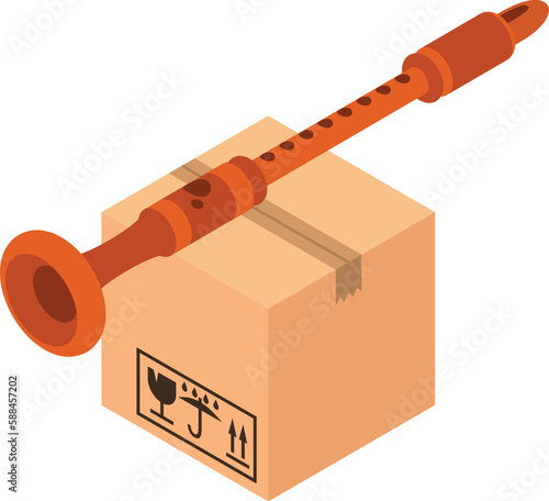 Musical pipe icon isometric vector. Wooden wind instrument on closed parcel box. Cargo transportation and delivery concept