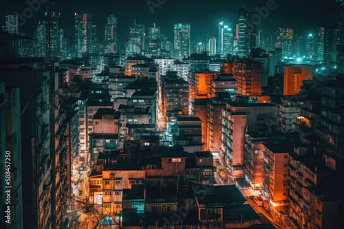Sprawling cityscape at night. The skyscrapers are lit up with bright lights. Generative AI
