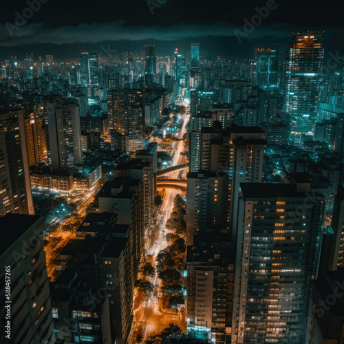 Big city at night, view with lit up skyscrapers and roads. Generative AI
