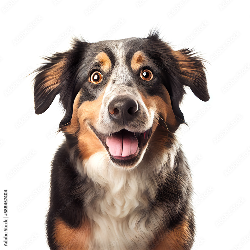 Portrait of a cute and happy dog on a transparent background.
