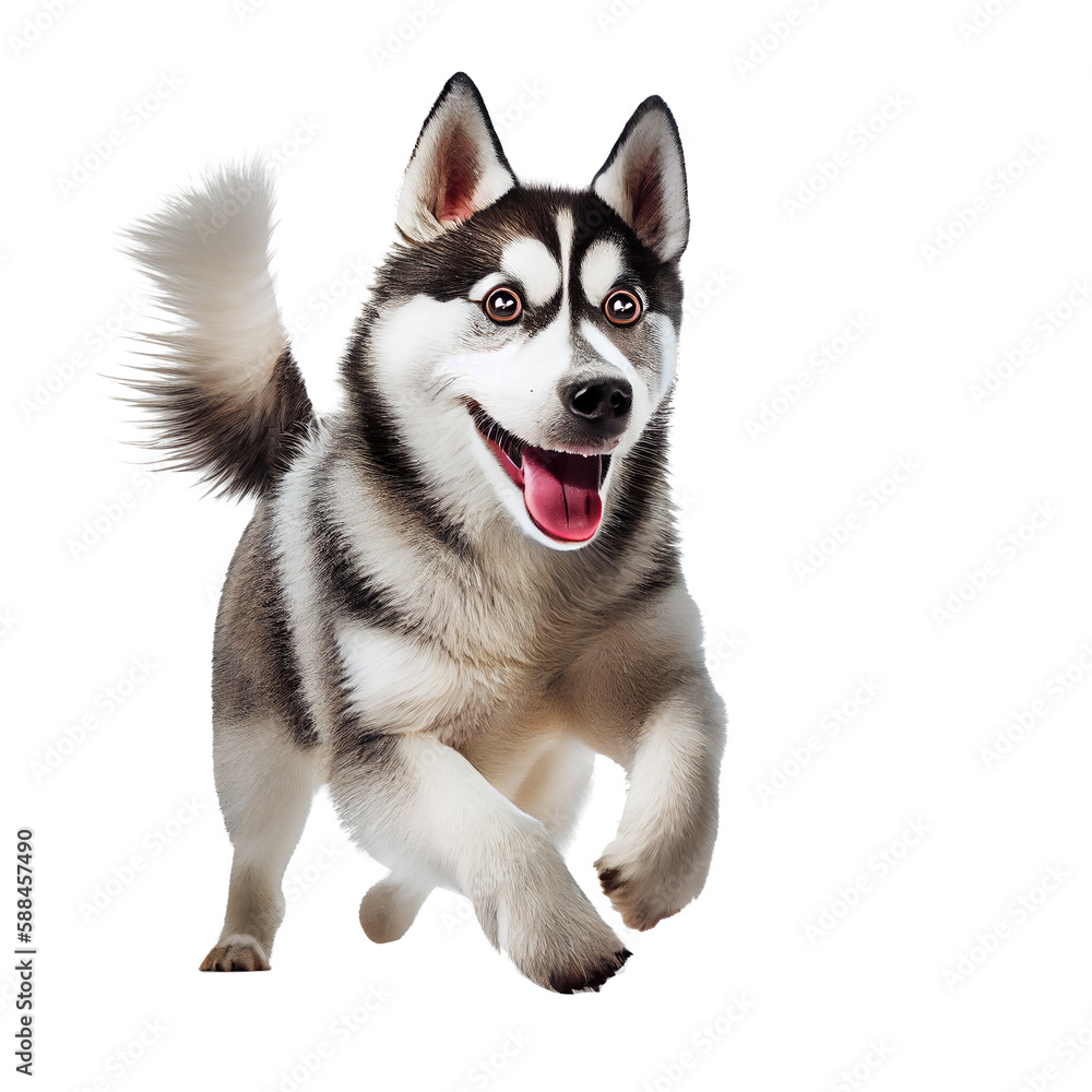 Portrait of a cute and happy dog on a transparent background.
