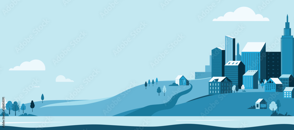 City landscape vector background. Simple minimal town with buildings