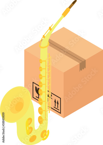 Saxophone icon isometric vector. Wind musical instrument near closed parcel box. Cargo transportation and delivery concept