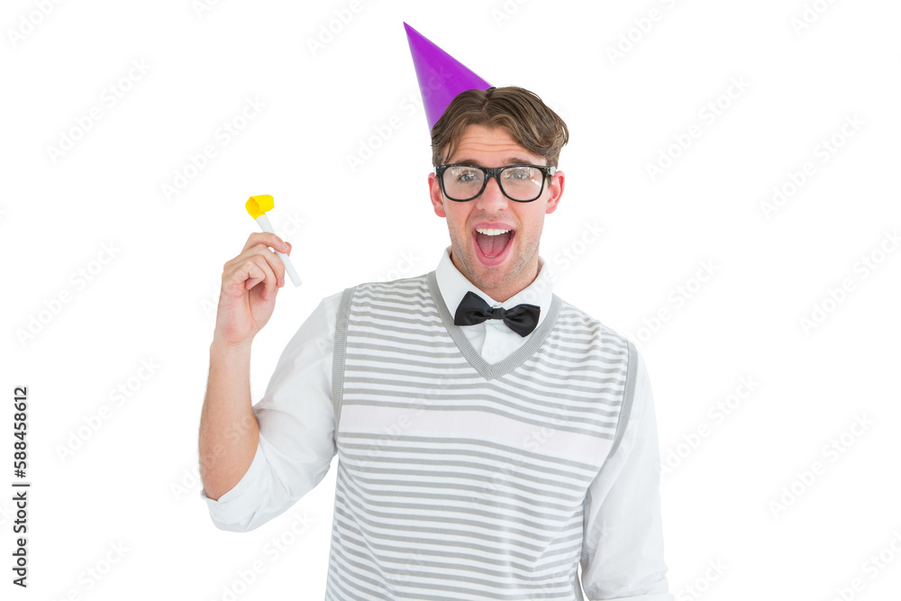 Geeky hipster in party hat with horn Geeky hipster in party hat with horn