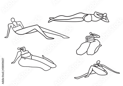 Bikini body positive bundle. Various race and shape women wearing swimming suits outline set isolated on white background. Every body is a bikini body concept