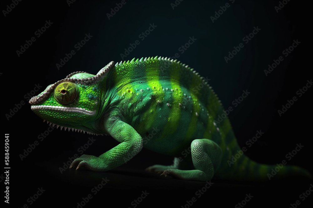 Fototapeta premium Chameleon with a shining Green Skin. Dark Background. Cinematic Lightning. Vape. Creative AI Wallpaper. Created by Generative AI