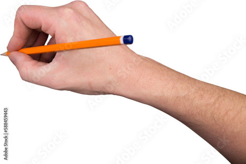 Hand with yellow pencil on white background