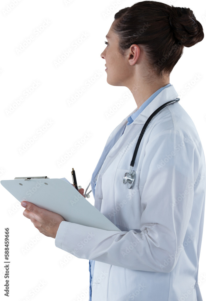 Side view of female doctor holding clipboard and looking away Side view of female doctor holding clipboard and looking away