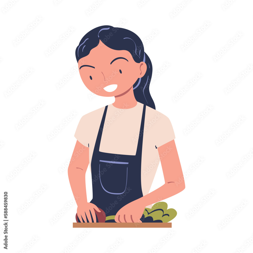 Woman Character Cooking at Home Chopping Vegetables with Knife Standing at Table Vector Illustration Woman Character Cooking at Home Chopping Vegetables with Knife Standing at Table Vector Illustration