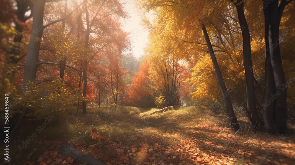 autumn, a beautiful landscape of a path between colorful trees on a sunny day.